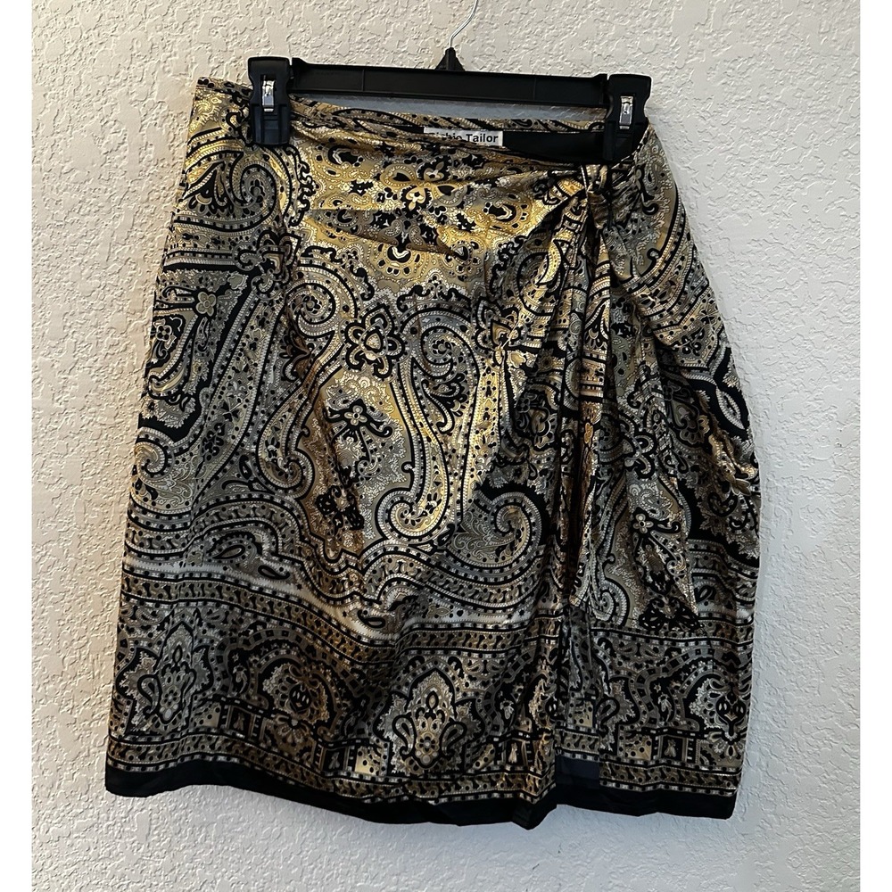 Silky Black Gold SZ L ‎ Richie Tailor Knee Length Side Zipper Wrap Skirt